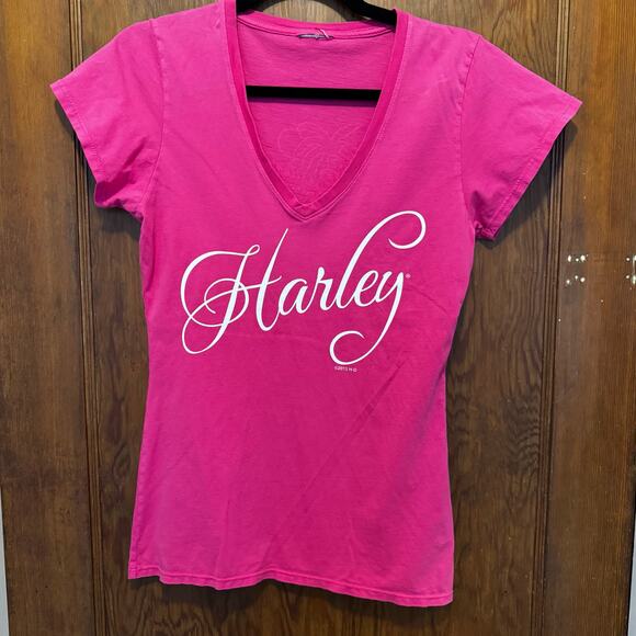 Y2K Harley Davidson Pink V Neck Babydoll T Womens Small Script Logo Biker - Picture 1 of 7